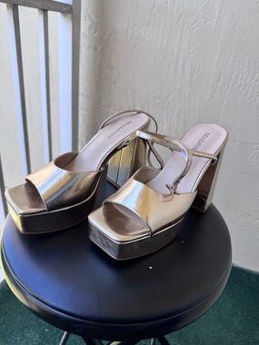 Madden Girl Metallic Gold Open-Toe Platform Block Heels